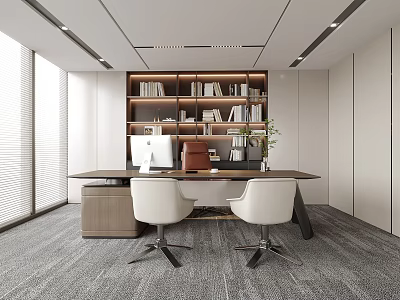 Modern Office Interior With Wooden Desk White Chairs Bookshelf And Large Window 3d model