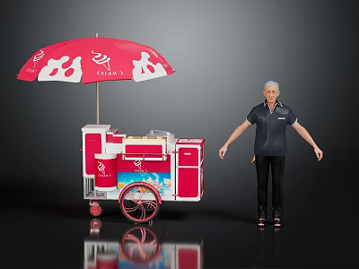 Red Ice Cream Cart Featuring Red Umbrella With White Patterns And Rolling Wheels 3d model