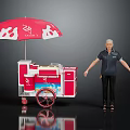 Red Ice Cream Cart Featuring Red Umbrella With White Patterns And Rolling Wheels