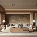 Traditional Chinese Living Room with Wooden Sofa Coffee Table and Artwork Wall