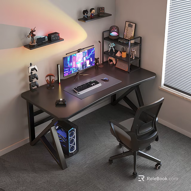 Modern Gaming Desk with Warm Lighting Monitor Keyboard Mouse Pad Ergonomic Chair and Decor Shelf 3d model 