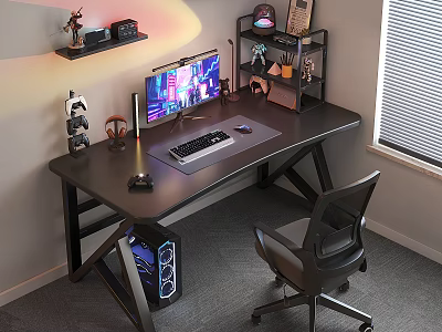 Modern Gaming Desk with Warm Lighting Monitor Keyboard Mouse Pad Ergonomic Chair and Decor Shelf 3d model