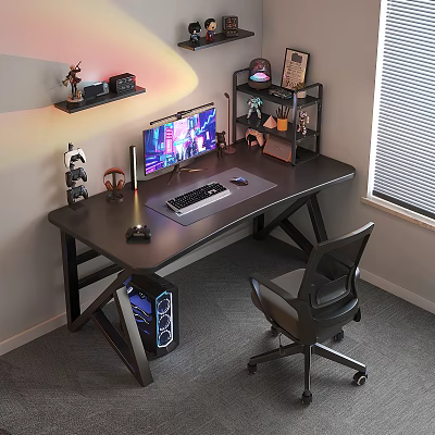 Modern Gaming Desk with Warm Lighting Monitor Keyboard Mouse Pad Ergonomic Chair and Decor Shelf 3d model