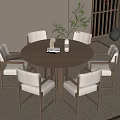 Modern Round Wooden Dining Table Set With Six Light Upholstered Chairs And Greenery Decor