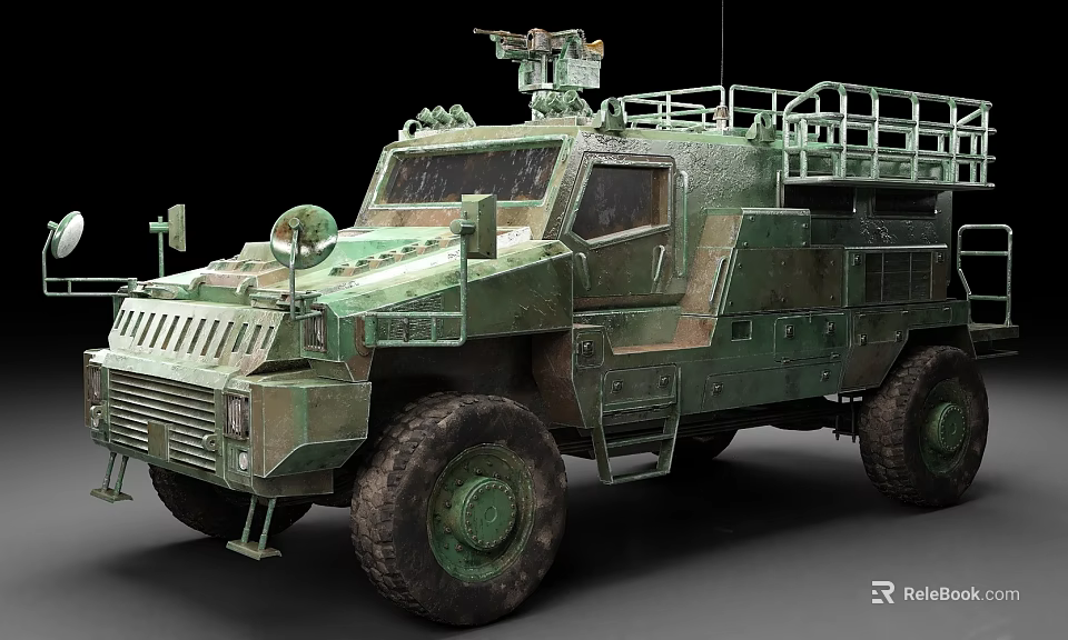 Military Green Armored Vehicle With Heavy Armor Roof Equipment And Large Wheels 3d model 