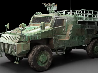 Military Green Armored Vehicle With Heavy Armor Roof Equipment And Large Wheels 3d model