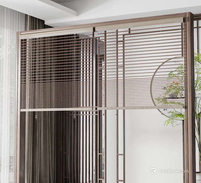 Modern Interior Partition Design Featuring Louvered Blinds Metal Frame And Green Plant 3d model 