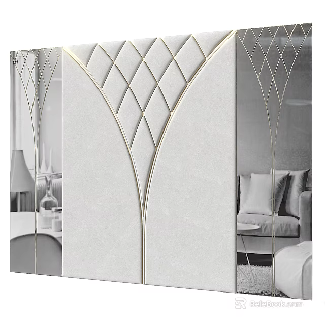 Sofa Backdrop Wall with Quilted Diamond Pattern Gold Accent Trim and Flanking Decorative Mirrors 3d model