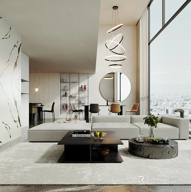 Modern Duplex Living Room Interior Design With Large Windows City View And Sofa Coffee Table 3d model 