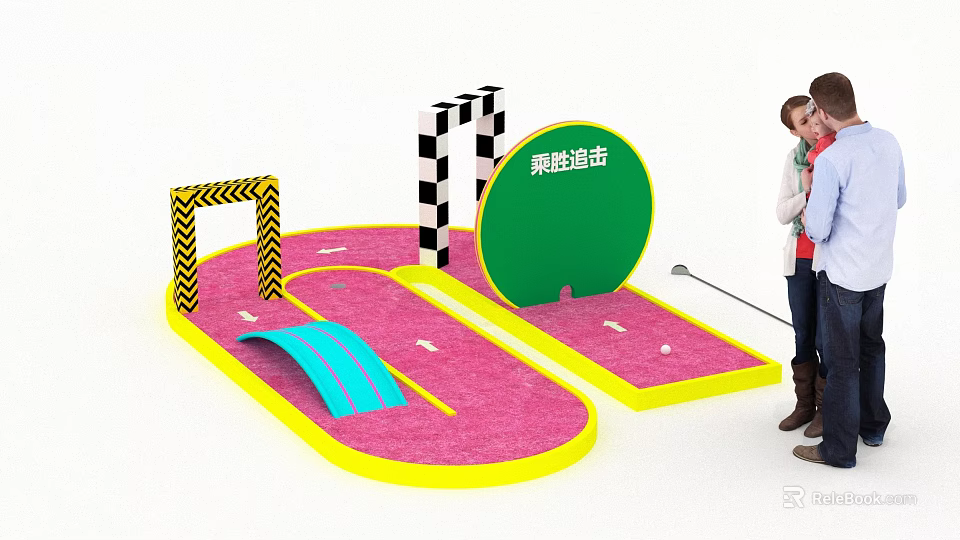 Mini Golf Photo Spot With Pink Course Black And Yellow Obstacles And Green Finish Sign 3d model 