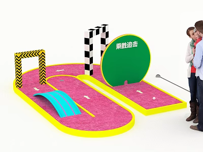 Mini Golf Photo Spot With Pink Course Black And Yellow Obstacles And Green Finish Sign 3d model