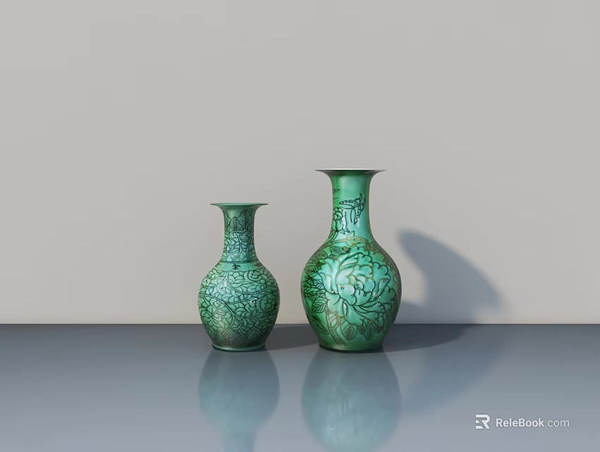 Decorative Ornament Set With Two Green Carved Vases And Floral Patterns On Tabletop 3d model 