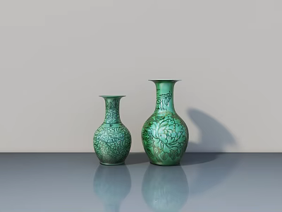 Decorative Ornament Set With Two Green Carved Vases And Floral Patterns On Tabletop 3d model