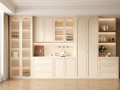 Modern Minimalist Beige Sideboard Design With Glass Door Cabinets Drawers And LED Lighting 3d model
