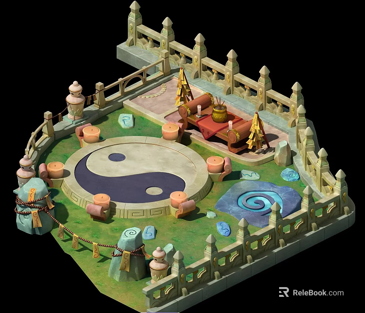 Traditional Oriental Courtyard Scene With Yin Yang Symbol Wooden Fence Red Carpet And Spiral Pool 3d model 
