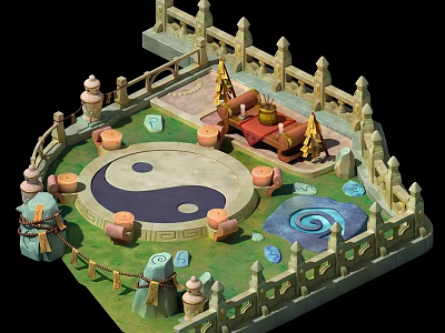 Traditional Oriental Courtyard Scene With Yin Yang Symbol Wooden Fence Red Carpet And Spiral Pool 3d model