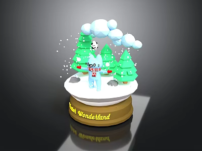Snow Wonderland Scene With Round Base Cartoon Figure Green Trees Clouds And Snowflakes 3d model