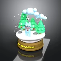Snow Wonderland Scene With Round Base Cartoon Figure Green Trees Clouds And Snowflakes