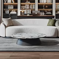 Modern Living Dining Room With Arched Bookshelves White Sofa Round Coffee Table Skylight And Wooden Flooring