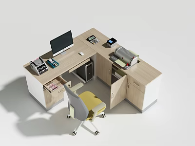 L Shaped Office Desk with Computer Monitor Phone Printer Office Supplies and Ergonomic Chair 3d model