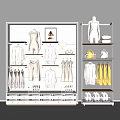 Retail Display Shelves With Mannequins Hanging Clothes Yellow Garments And Storage Drawers