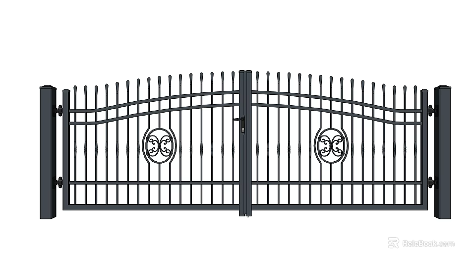 Iron Double Entrance Gate With Curved Structure And Decorative Circular Motifs Design 3d model 
