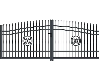 Iron Double Entrance Gate With Curved Structure And Decorative Circular Motifs Design 3d model