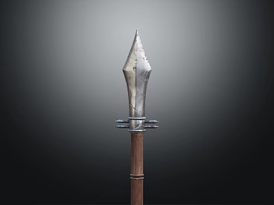 Ancient Spear With Pointed Metal Head Metal Guard And Wooden Shaft Displayed On Dark Background 3d model