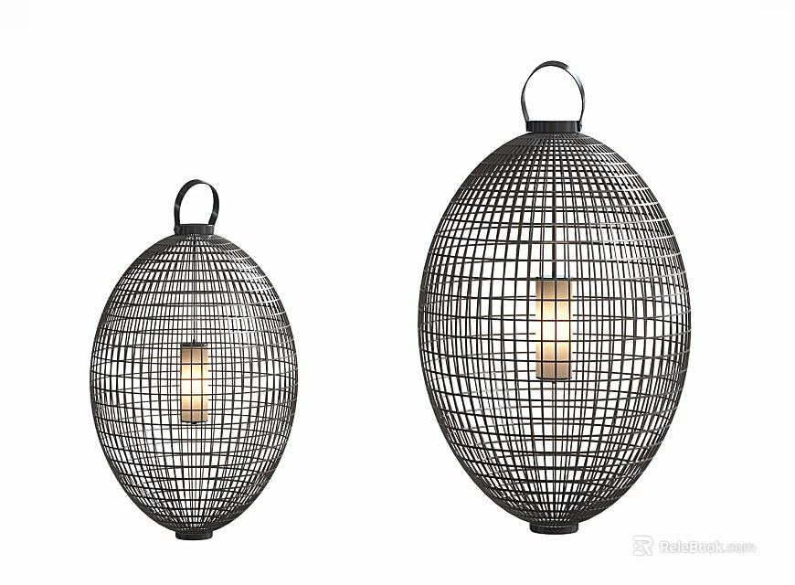Modern Black Wireframe Design Oval Shaped Floor Lamps with Illuminated Bulbs Set of Two 3d model 