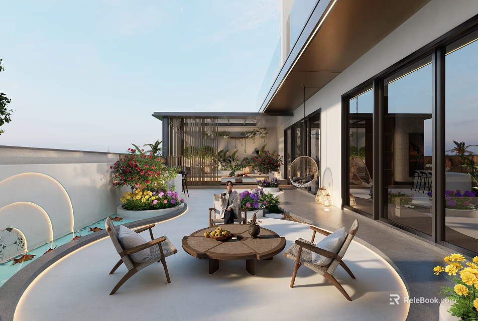 Roof Garden Outdoor Seating Area With Wooden Coffee Table And Plants Modern Design 3d model 