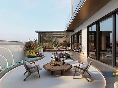 Roof Garden Outdoor Seating Area With Wooden Coffee Table And Plants Modern Design 3d model