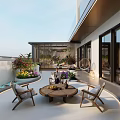 Roof Garden Outdoor Seating Area With Wooden Coffee Table And Plants Modern Design