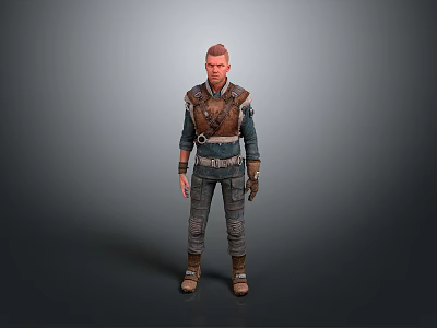 Brave Male Adventurer In Leather Vest Outfit Standing With Mythical Creature 3d model