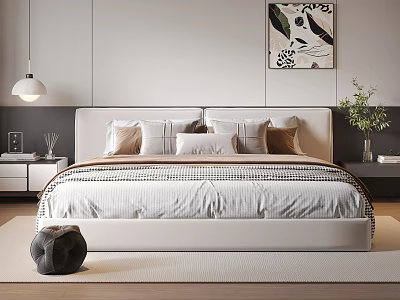 Modern Double Bed With Upholstered Headboard Checkered Bedspread Pillows Artwork And Pendant Lamp 3d model