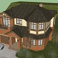 Two Story Red Brick Detached House With Garage And White Car In Front Yard