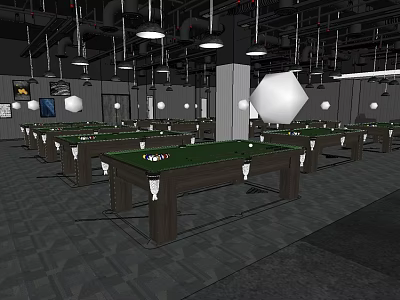 Billiard Room Interior Design With Multiple Green Felt Tables And Hanging Lights 3d model