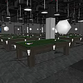 Billiard Room Interior Design With Multiple Green Felt Tables And Hanging Lights