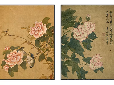 Detailed Chinese Traditional Botanical Paintings With Pink Flowers And Green Leaves 3d model