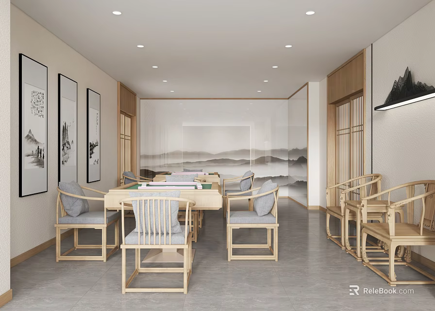 Hotel Mahjong Room With Chinese Style Interior Mahjong Table Wooden Chairs And Landscape Paintings 3d model 