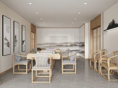 Hotel Mahjong Room With Chinese Style Interior Mahjong Table Wooden Chairs And Landscape Paintings 3d model