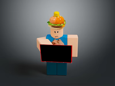 Block Figure With Hamburger On Head Frowning Expression Holding Blackboard 3d model
