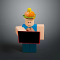 Block Figure With Hamburger On Head Frowning Expression Holding Blackboard