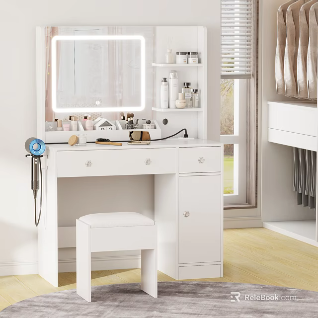 White Modern Dressing Table With Mirror Lighting Cosmetics And Stool 3d model 