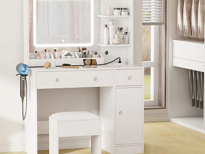White Modern Dressing Table With Mirror Lighting Cosmetics And Stool 3d model