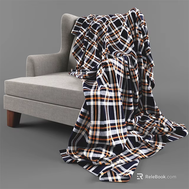 Comfortable Light Gray Single Sofa With Wooden Legs And Plaid Blanket 3d model