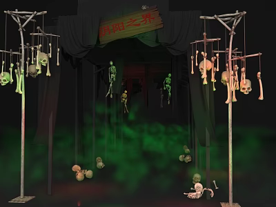 Spooky Interactive Zone Featuring Hanging Skeletons Bones Red Banner And Green Fog 3d model