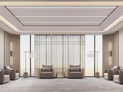 Spacious Hotel Public Lounge Area With Modern Design Comfortable Seating And Floor To Ceiling Windows 3d model