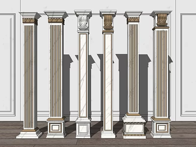 Different Styles of Roman Columns Against White Walls and Wooden Floors 3d model