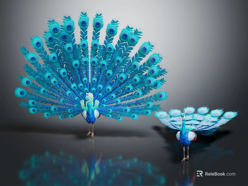 Two Blue Peacocks Displaying Feathers On Gray Background With Shiny Floor 3d model 