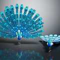 Two Blue Peacocks Displaying Feathers On Gray Background With Shiny Floor